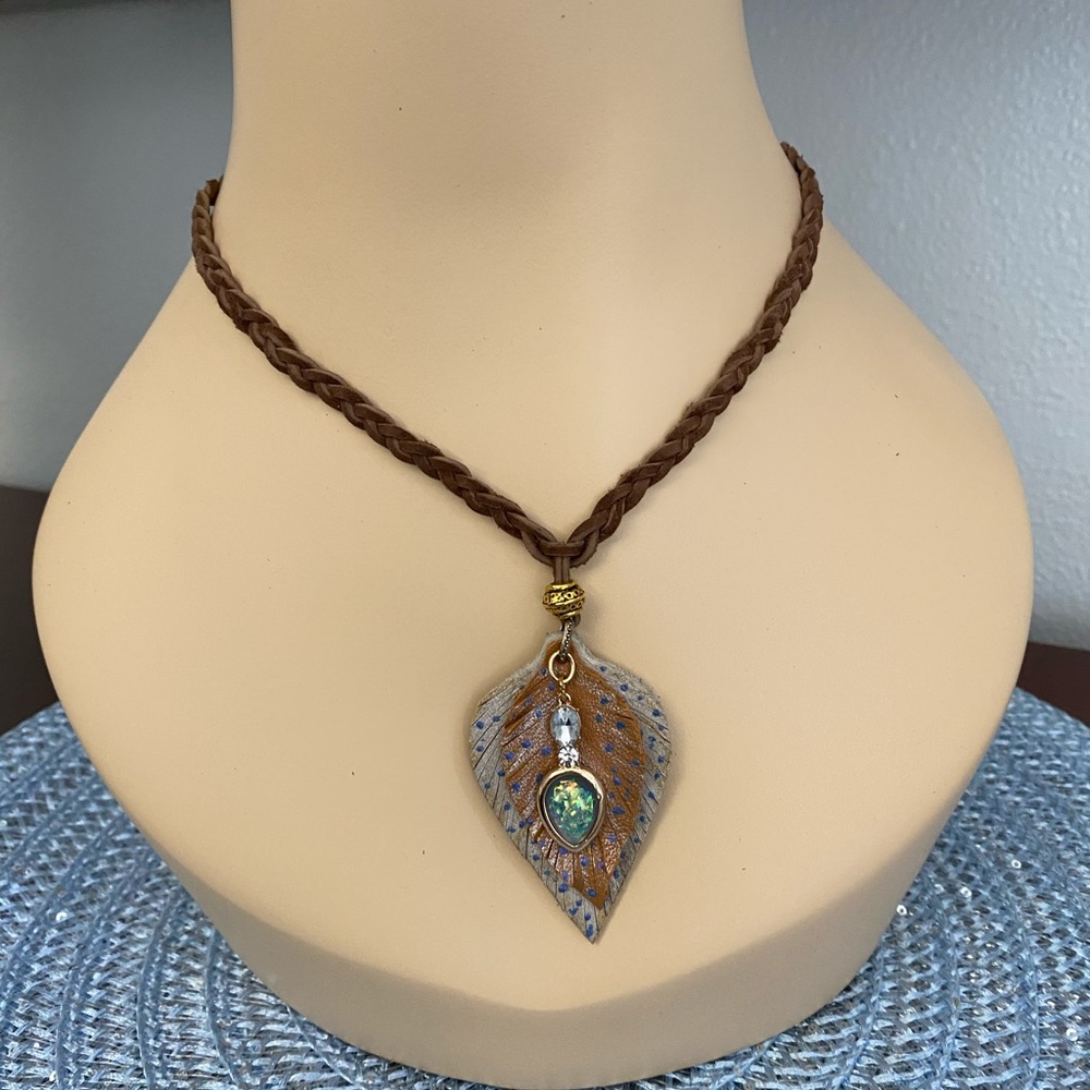 Braided Leather Double Feather Necklace
